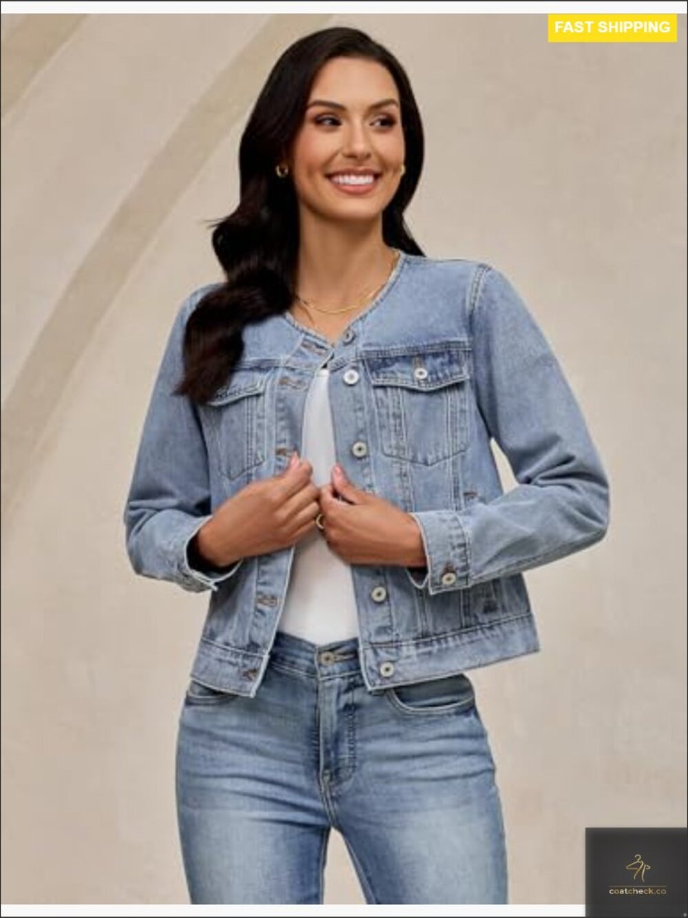 Collarless Denim Jacket Crew Neck Button Front Casual Western Style - Picture 5 of 7